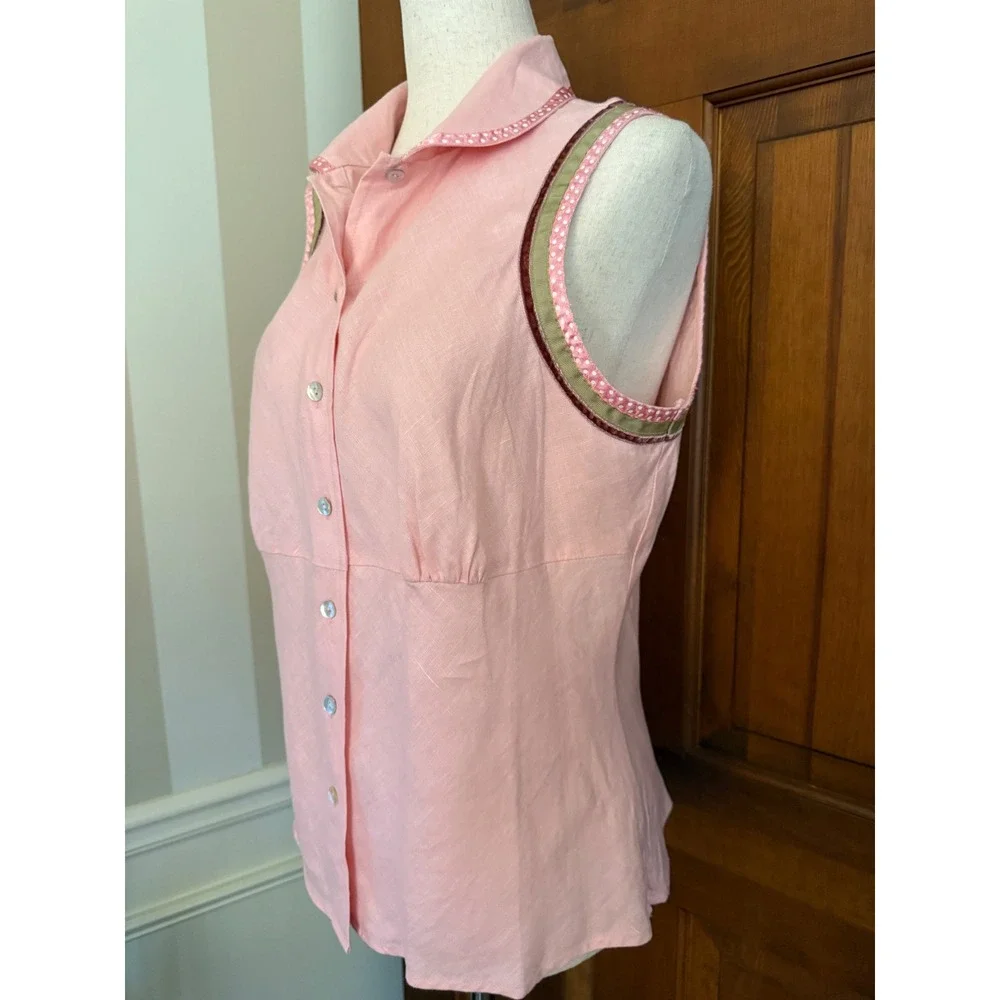 Edward Irish Linen Shirt Womens XL‎ Pink Sleeveless Button Down Quiet Luxury - Picture 4 of 11
